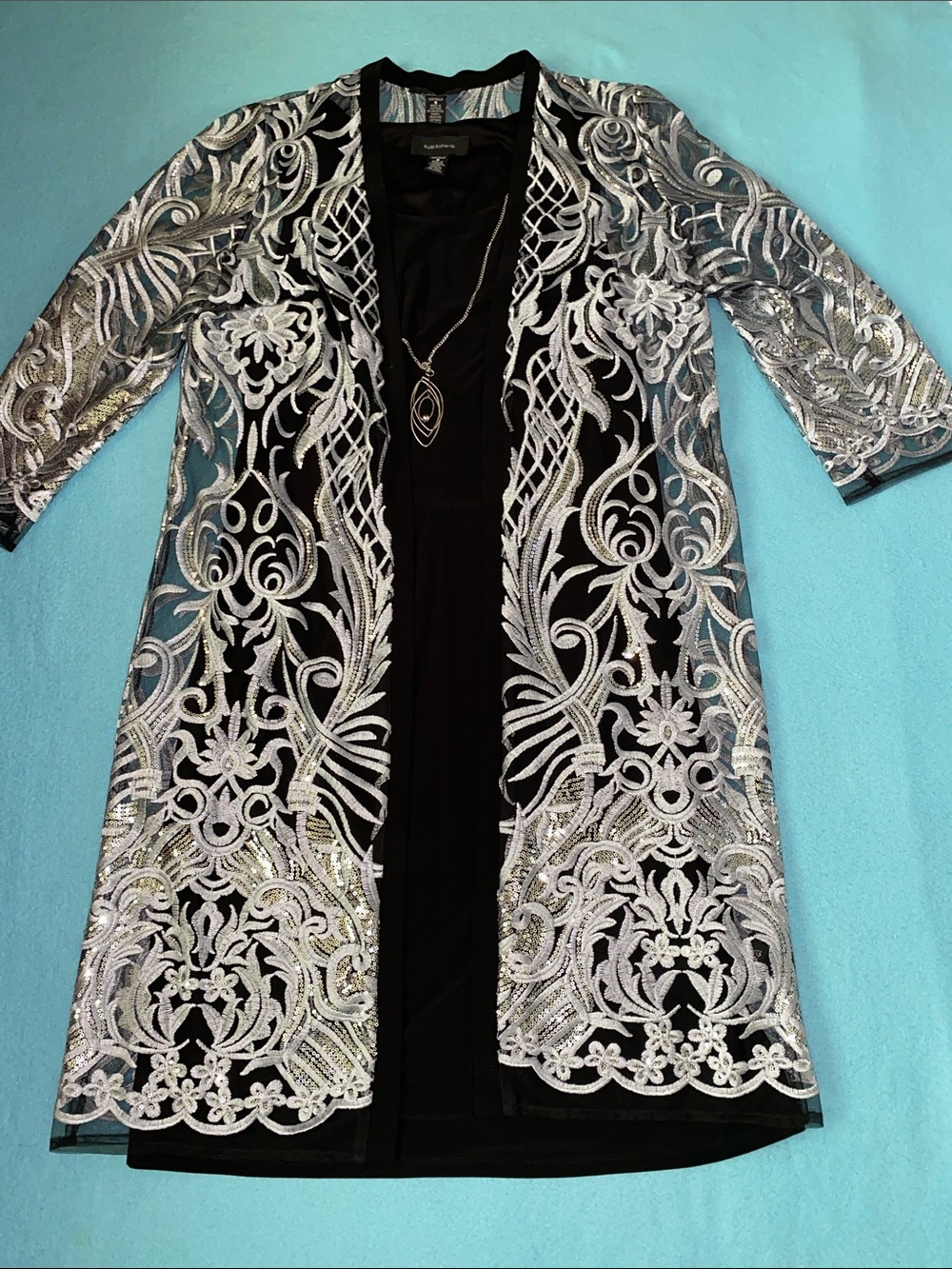 R&M RICHARDS sequined duster black tank dress attached necklace 2 piece size 8 - Picture 2 of 16